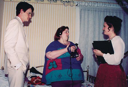 Eleanore Stasheff (center) directs Russell Martin and Brittany Ann Whalen on the set of THE GIFT BEARER *