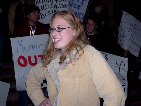 Jenni Kitchka flashes a smile on the set of THE UNIVERSITY OF ILLINOIS VS. A MUMMY