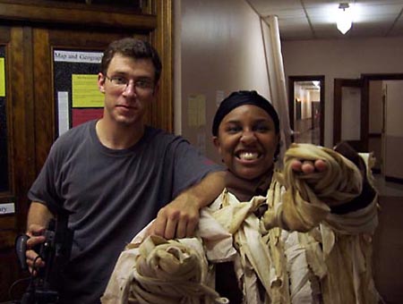 Chris Lukeman and Alessandra Pinkston on the set of THE UNIVERSITY OF ILLINOIS VS. A MUMMY